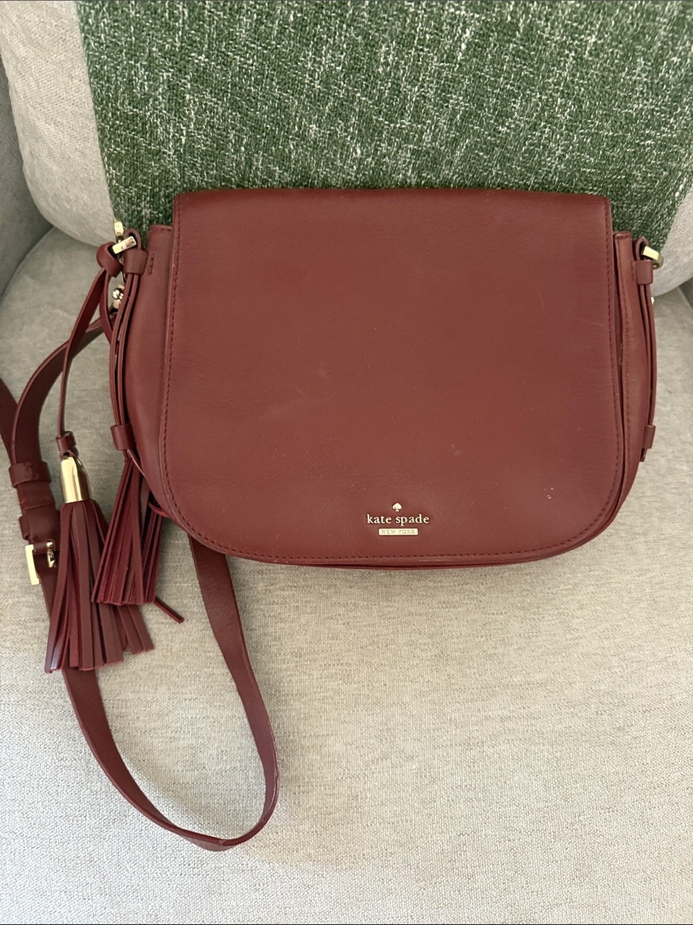 kate spade Burgundy Leather Saddle Crossbody with Tassels